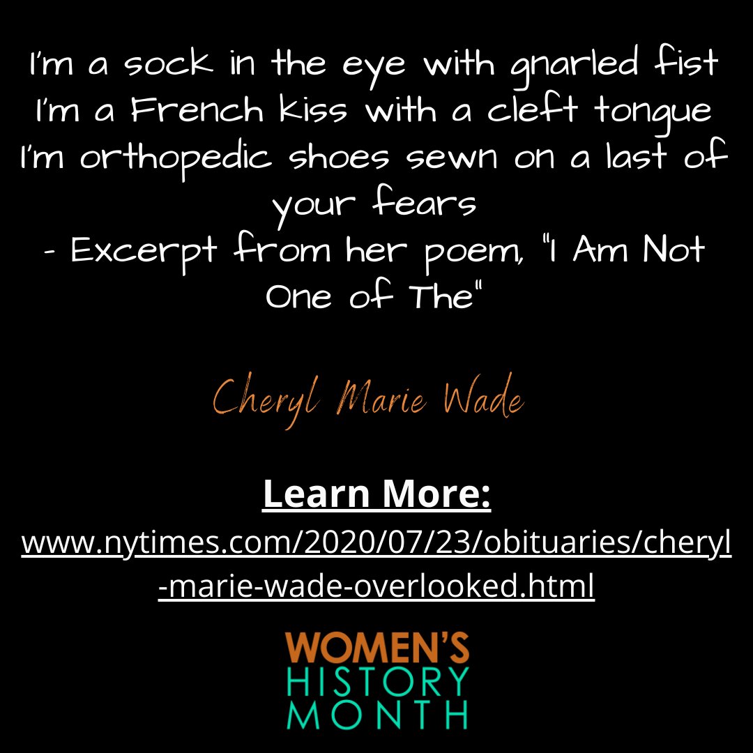 #WomensHistoryMonth2022 Today we introduce Cheryl Marie Wade "Queen Mother of Gnarly"- writer, performance artist, advocate. Wade blew the lid off the assumption that disability should make you sad or keep you in the background. 
nytimes.com/2020/07/23/obi…