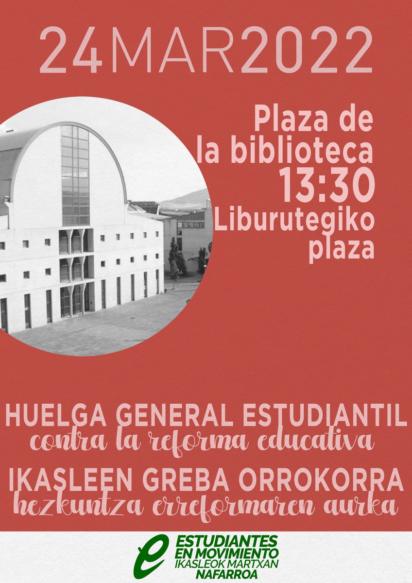 JovenesCCOONa's tweet photo. 📚⚒️ Mañana estaremos con @eemnavarra en su concentración en la UPNA en el contexto de huelga estudiantil estatal.

➡️ LOSU el LUC legeen kontra.
➡️ Contra la mercantilización de la educación.
➡️ Hezkuntzaren domikratizazioaren alde.

Langile eta ikasleko bat! ✊🏼 https://t.co/8DMwGDHZqF