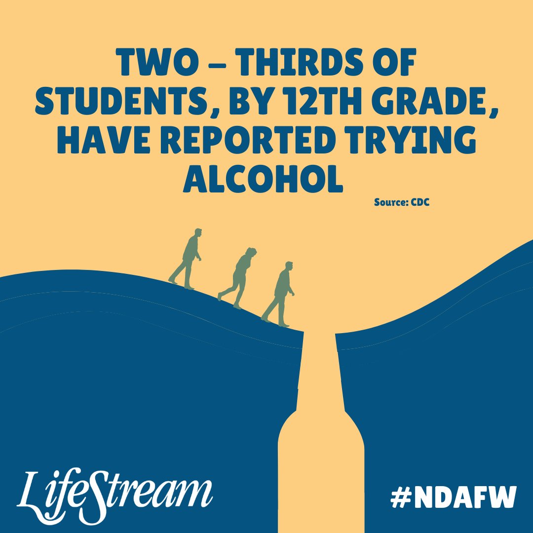 LifeStream_FL's tweet image. Did you know? By the 12th grade, two-thirds of students reported having tried alcohol #NDAFW 
If you or a loved one is experiencing a mental health crisis or struggling with drug or alcohol misuse, call the 24-Hour Crisis Hotline: (866) 355-9394