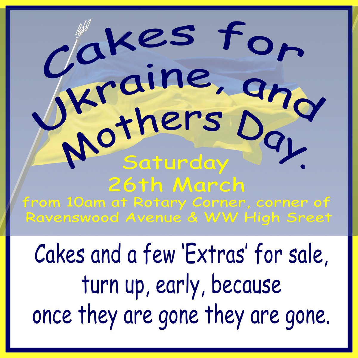 Fundraising for #Ukraine
Saturday 26th March at #RotaryCorner next to Nationwide BS.. High Street, #WestWickham
Cakes and Extras will be on sale raising much needed funds for Ukraine. Doing a small bit to help others.
#Helpus to #helpthem
