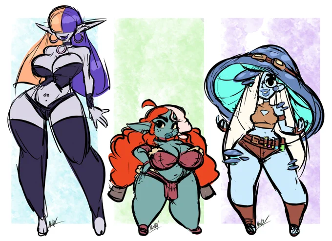I wanted to make a fantasy world group that go on sexy quests together XD
a rogue elf, a barbarian goblin and a alchemist myconid 