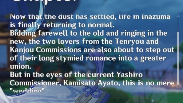 // genshin leaks

chisato and kamaji are getting married and are u telling me ayato will crash their wedding because something SUS? way to go ayato 😭
