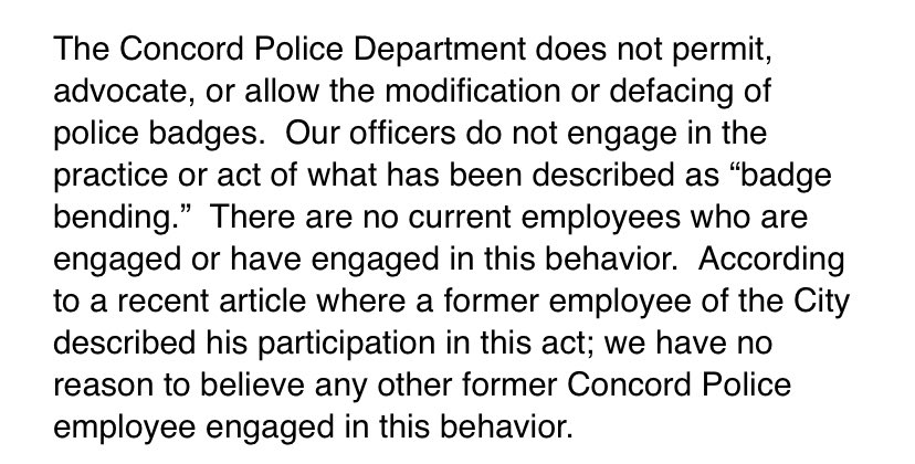 MelanieWoodrow's tweet photo. After a former @ConcordPD_CA Lt. testified he brought “badge bending” to @VallejoPd, Concord PD tells @abc7newsbayarea it has no reason to believe any other officer past or present participated in this practice. https://t.co/OQJq2RE0z6