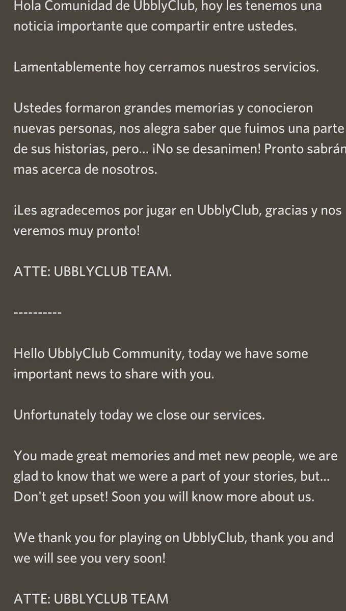 Hello UbblyClub Community, today we have some important news to share with you.

Unfortunately today we close our services.

ATTE: UBBLYCLUB TEAM.