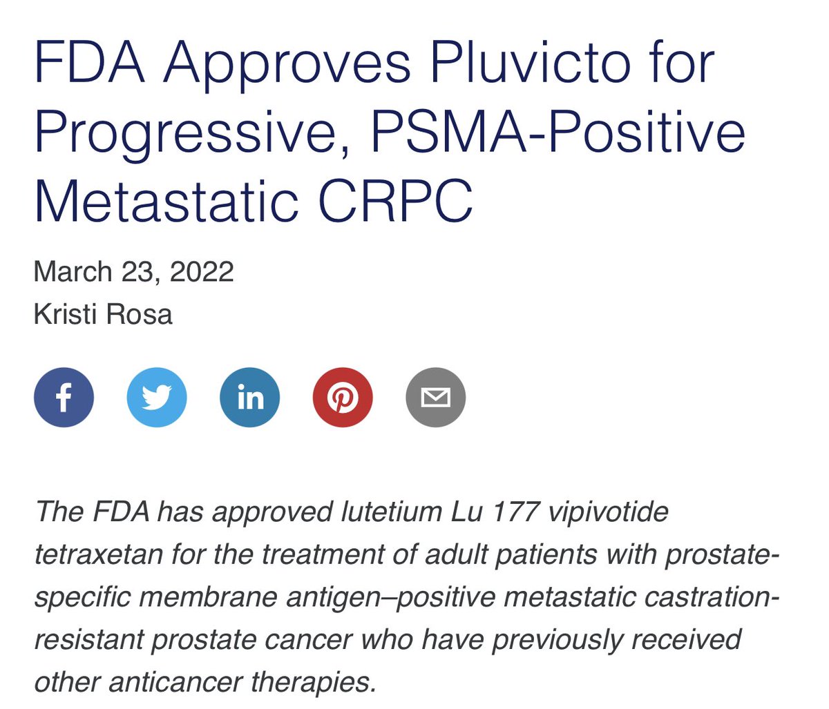 Great news finally!!! Today <a href="/FDAOncology/">FDA Oncology</a> approved Lutetium-177-PSMA-617 PLUVICTO for metastatic CRPC #ProstateCancer after prior ARAT/NHT and taxane. <a href="/OncLiveSOSS/">OncLive SOSS</a> <a href="/urotoday/">UroToday.com</a> <a href="/PCF_Science/">PCF Science</a> Weblink 👉 bit.ly/3wxh07x
