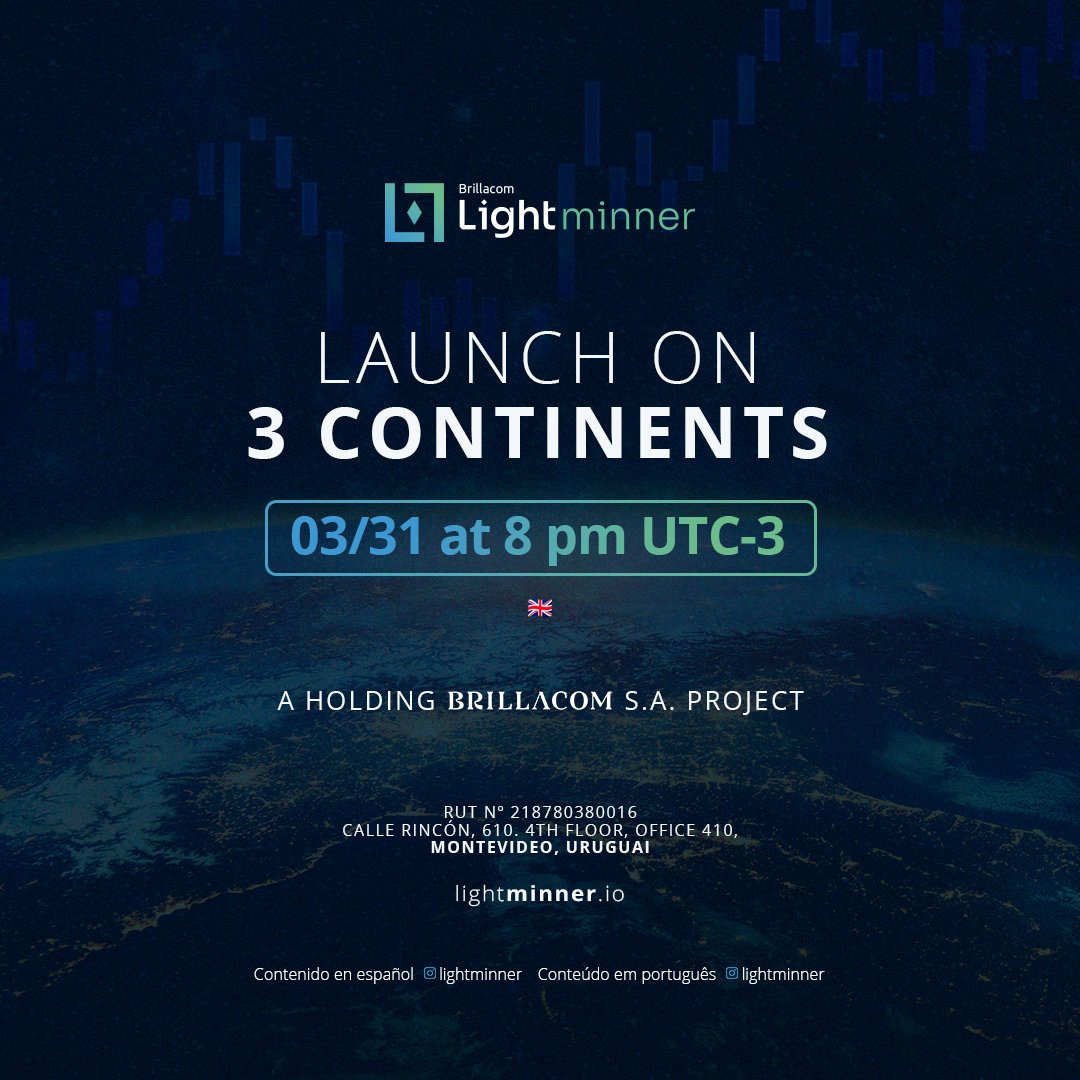 lightminner's tweet photo. Light Minner is coming! Starting at 8pm UTC-3 on 3/31 the buying and selling of Light Minner tokens will be available.
 
The launch is a project of Holding Brillacom S.A. and will be on 3 continents, in America, Asia and Europe.
#lightminner #grupolight #lightdefighters #launch https://t.co/XVHcnawe5b