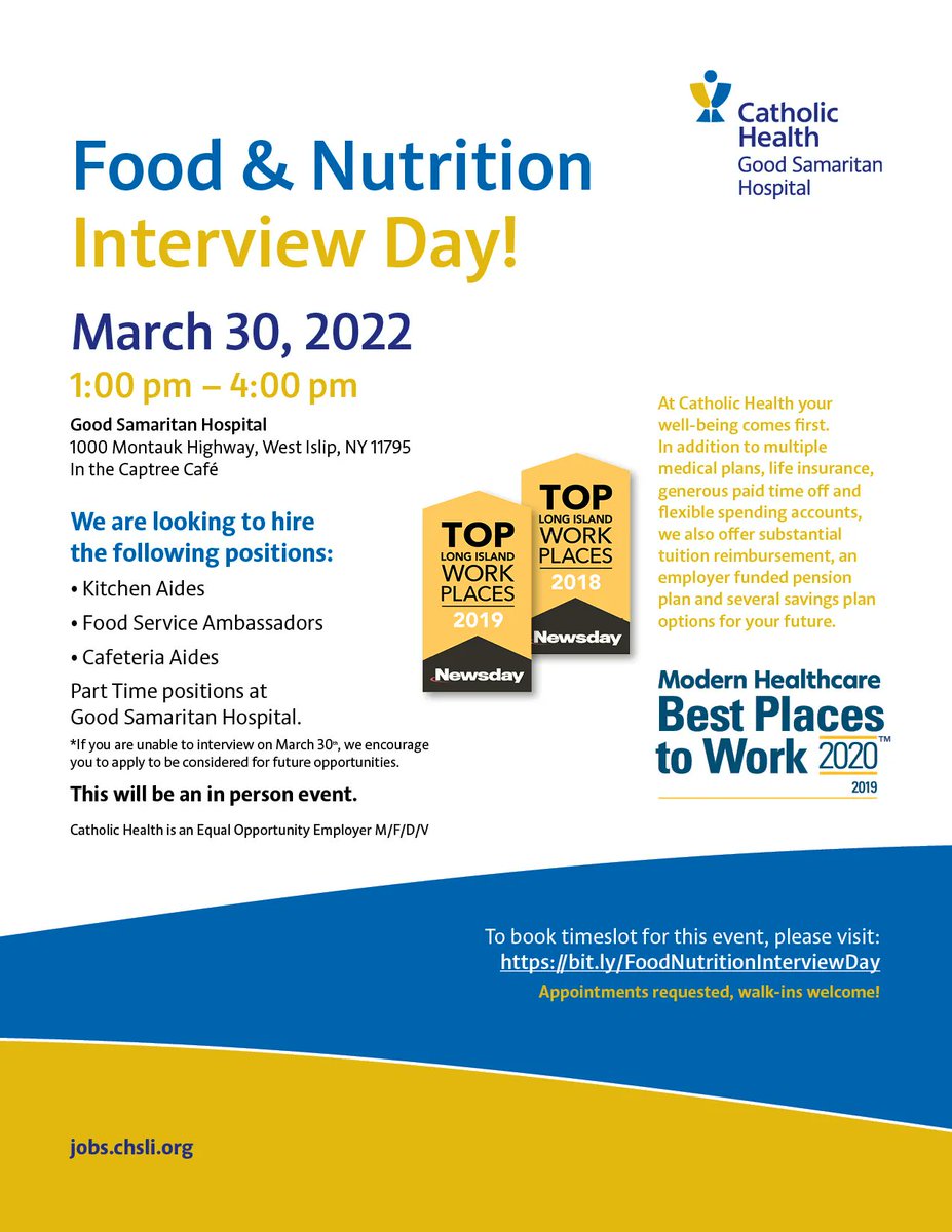 Good Samaritan Hospital is hiring #KitchenAides, #CulinaryAmbassadors, and #CafeteriaAides! Wednesday, March 30th from 1:00 pm to 4:00 pm at 1000 Montauk Hwy, West Islip, NY 11795 in the Captree Café. To book a time slot for this event bit.ly/FoodNutritionI….