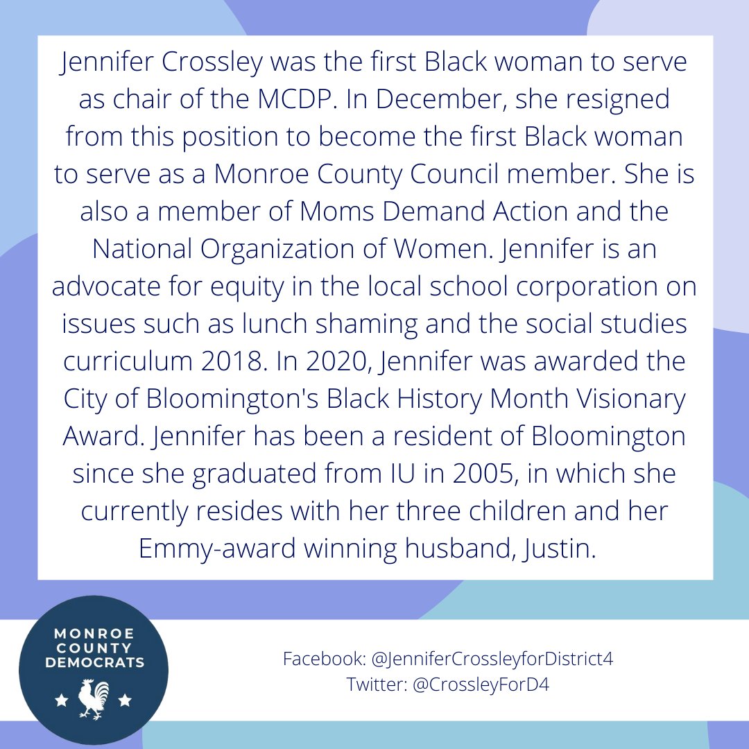 monroedems's tweet photo. The next local leader we're highlighting for #WomensHistoryMonth is @CrossleyForD4, who is the first Black woman to serve as a Monroe County Council member. https://t.co/uHjKEJwJQs