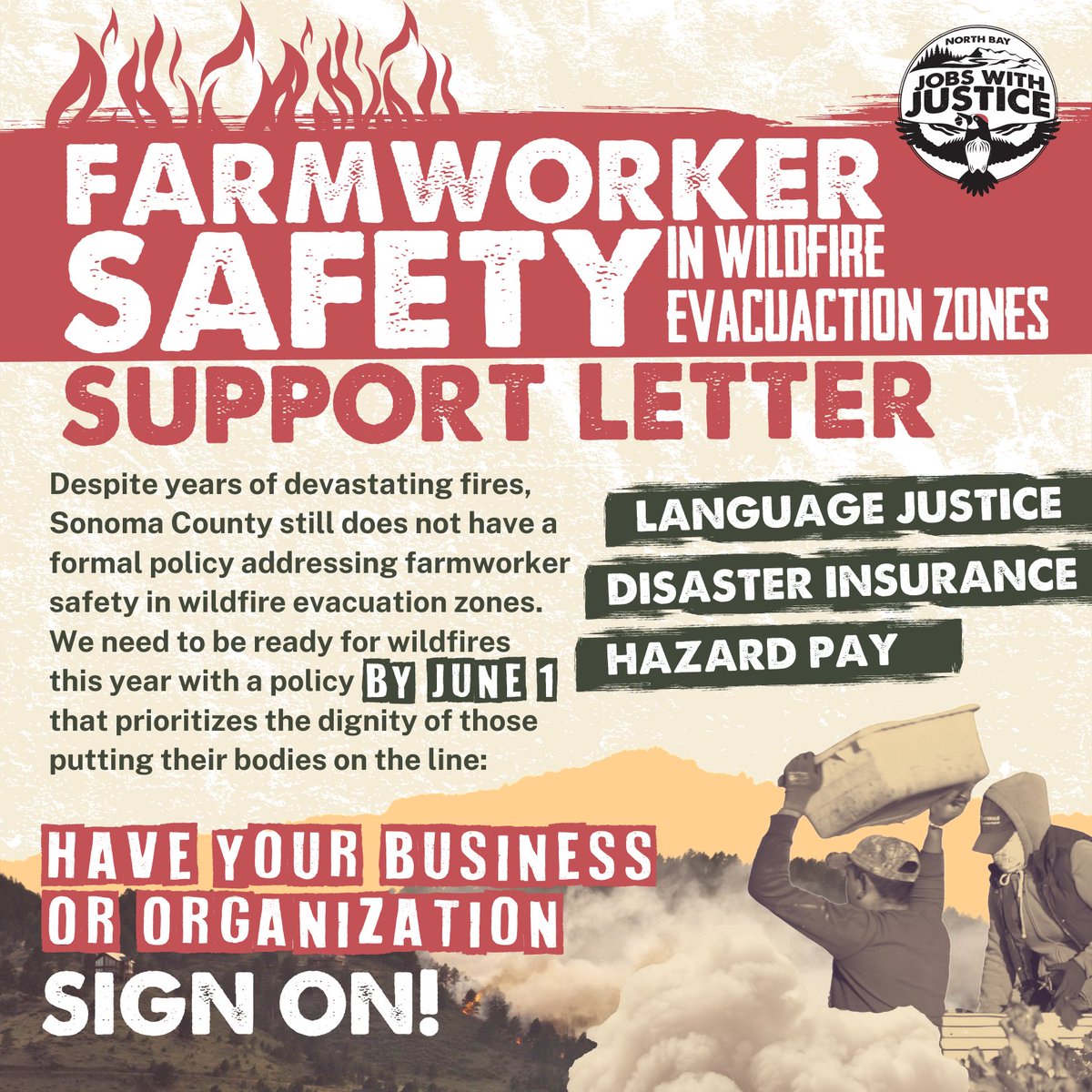 NorthBayJwJ's tweet photo. 🔥🔥 With drought deepening, the worst of wildfire danger will be here soon
We must take action to ensure the safety & respect of #farmworkers is prioritized BEFORE disaster strikes🗣
SIGN ON!👉🏽 https://t.co/puVkwuv3Wx
#5forFarmworkers #SonomaCounty #ListentotheWorkers https://t.co/QaVzoqESHF