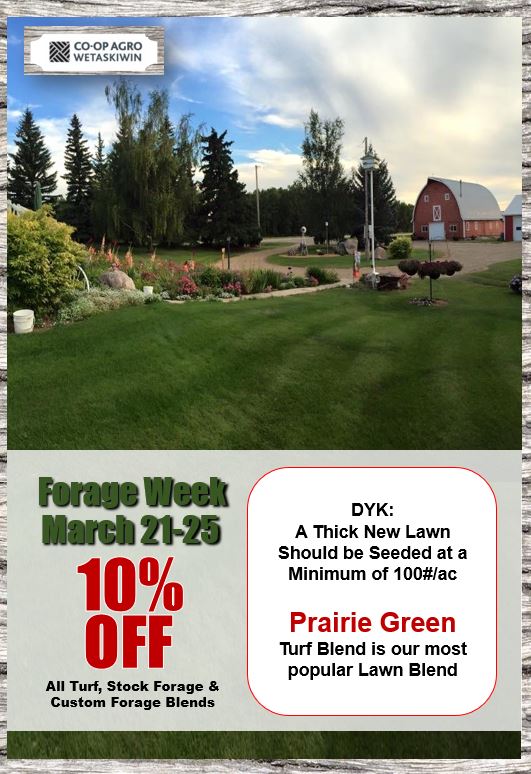 It's 10% Off All Turf, Stock &amp; Custom Forage Blends this week only! Come visit us at the Wetaskiwin Co-op Agro Site until Friday to take advantage of the savings 780-352-3359