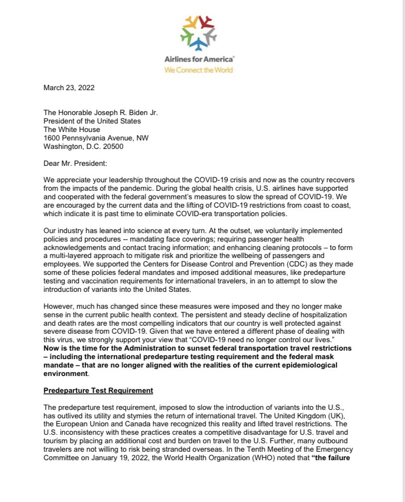 krisvancleave's tweet photo. Airlines to Biden: Drop the Mask Mandate. 
10 CEOs of US passenger and Cargo airlines send letter to President Biden calling for an end to the onboard mask mandate and predepature testing rules https://t.co/Xcl1kWJ3pf