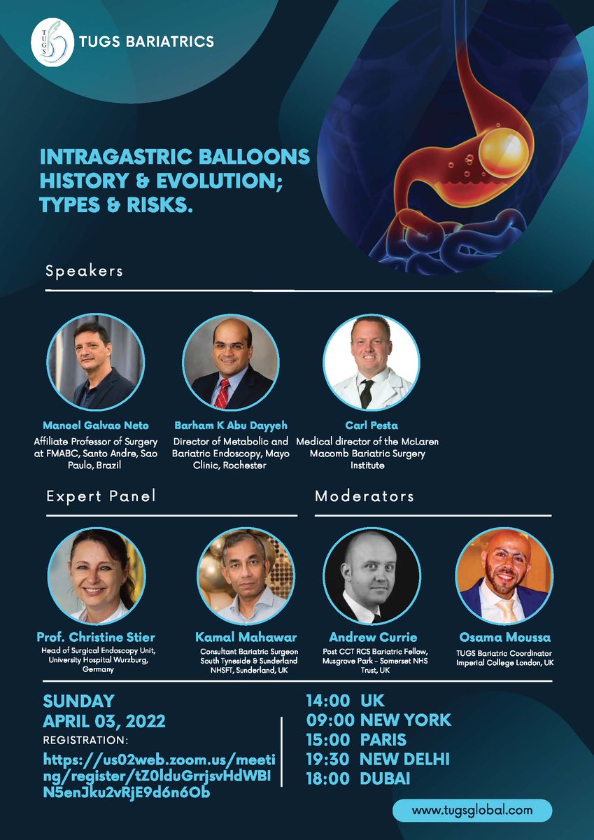 Don't miss our exciting TUGS April event covering Intragastric Balloons on April 3rd 2022, 14:00 London UK time.
<a href="/T4UGIS/">TUGSS</a> <a href="/bariatricBOMSS/">BOMSS</a> <a href="/IBCClub1/">International Bariatric Club</a> 
us02web.zoom.us/meeting/regist…