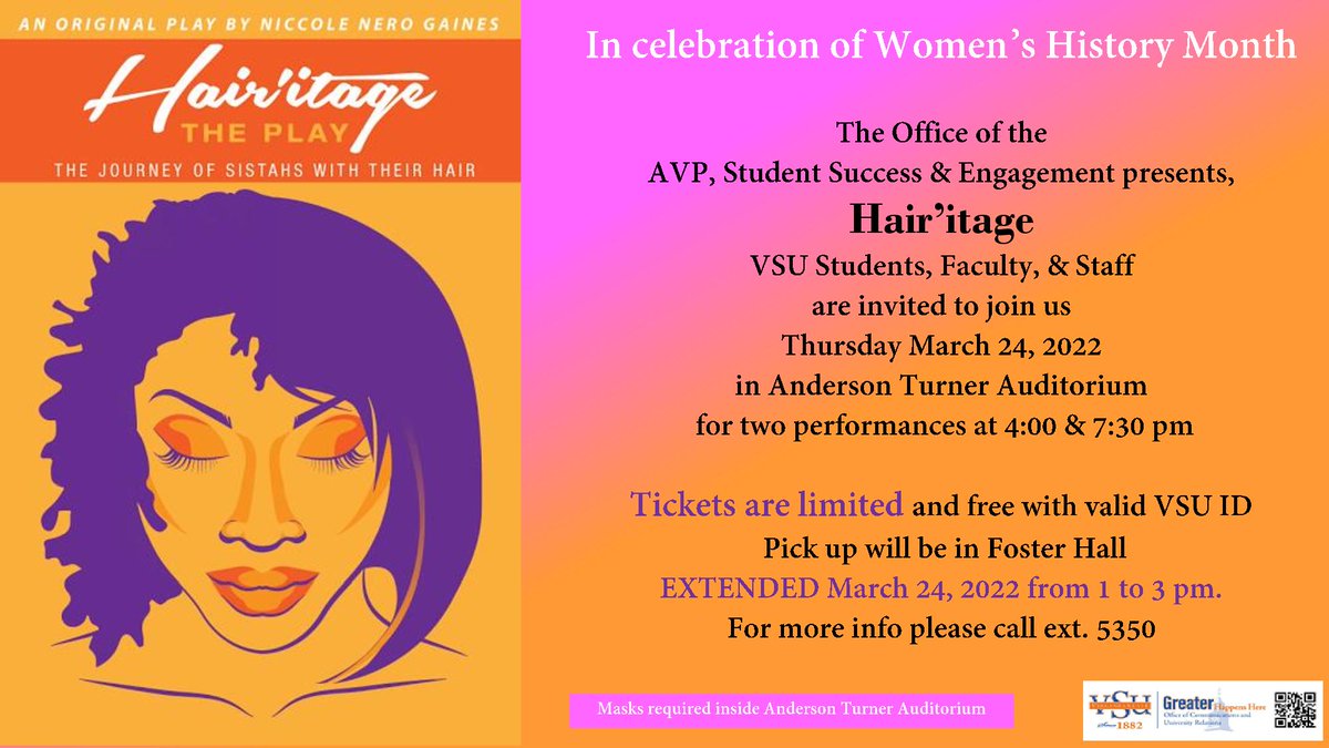 Greetings Trojans - ticket pick up for Hair-itage-The Play has extended one more day. Tomorrow in Foster Hall from 1 to 3 pm. First performance is 4 pm and the second is 7:30 pm. Hope to see you there!!