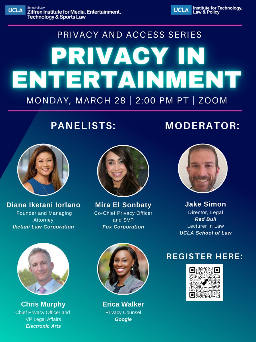 ZiffrenInstitute (@zimets_uclalaw) on Twitter photo Please join us for the next event in our Privacy and Access Series co-sponsored by <a href="/UCLAtech/">UCLA Institute for Technology, Law & Policy</a> where we will discuss Privacy in Entertainment with a stellar group of panelists.
This event will be held on Monday, 3/28 at 2:00 PM PT via Zoom.
Registration: lnkd.in/dWmtmKd7 Please join us for the next event in our Privacy and Access Series co-sponsored by <a href="/UCLAtech/">UCLA Institute for Technology, Law & Policy</a> where we will discuss Privacy in Entertainment with a stellar group of panelists.
This event will be held on Monday, 3/28 at 2:00 PM PT via Zoom.
Registration: lnkd.in/dWmtmKd7