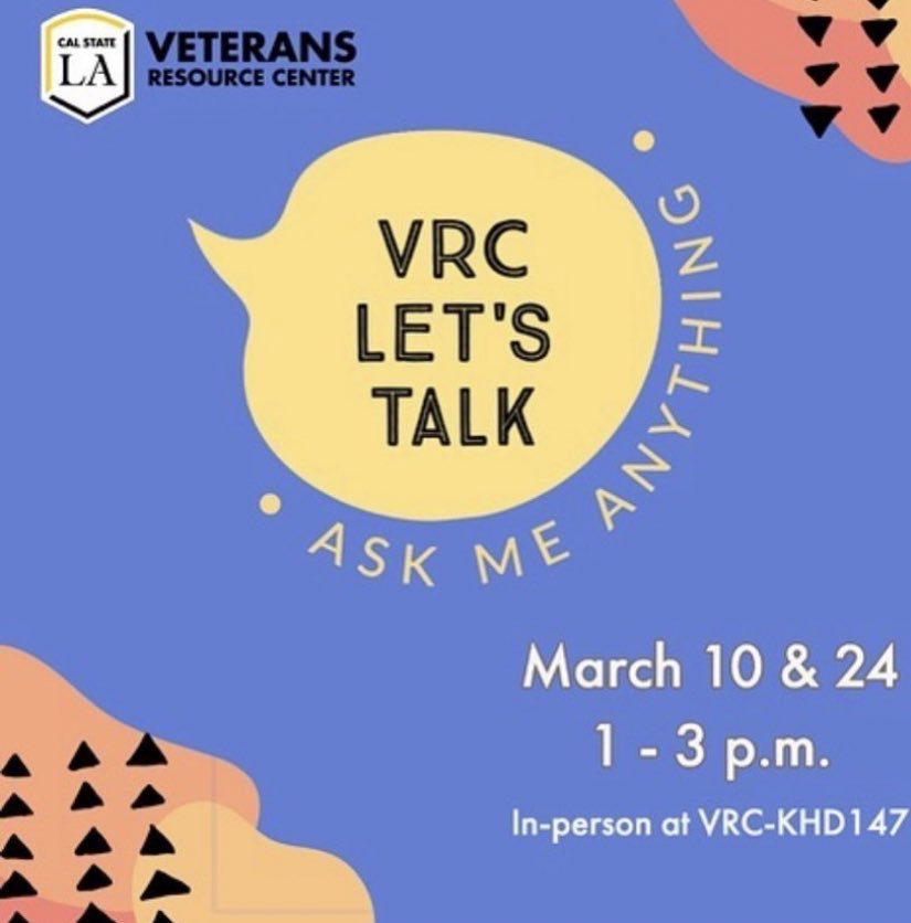CalStateLAvets's tweet photo. Hey Students! The Veterans Resource Center is hosting another VRC Let's Talk! tomorrow, a new collaboration with Counseling and Psychological Services (CAPS)  to provide our military-connected student's information about and access to CAPS. https://t.co/AiJ6Ld8GYO