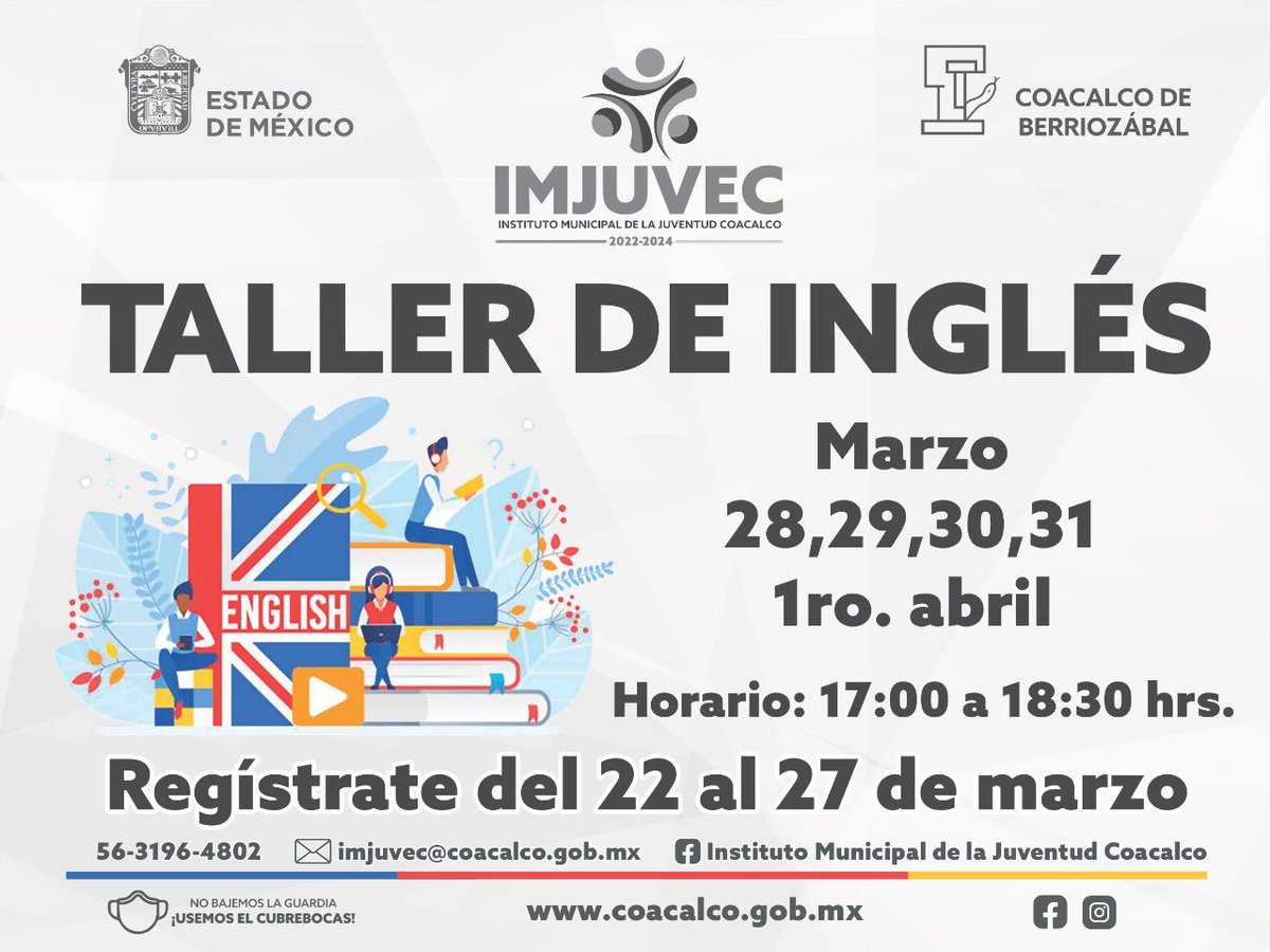 GobCoacalco2022's tweet image. ¡Siempre es un buen momento para aprender otro idioma! Te invitamos al #TallerDeInglés 🇺🇸🇬🇧que el Instituto Municipal de la Juventud Coacalco tiene para ti.
☎️Informes: 5631964802