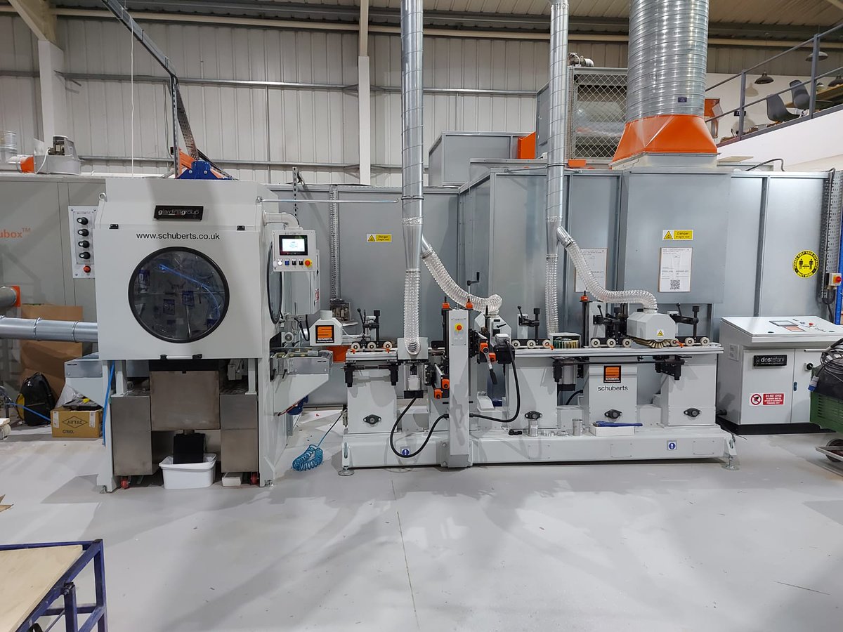Schubertsltd's tweet photo. New Giardina Group profile spray line for window and MDF profiles installed to compliment their existing Schuberts system.
4 Head brush sander with Flex Trim brushes.
3 head autospray machine with filtered air.
Loaded onto trolleys and into a Schubox Lovely profile coatings line! https://t.co/hr6OGKbrX4