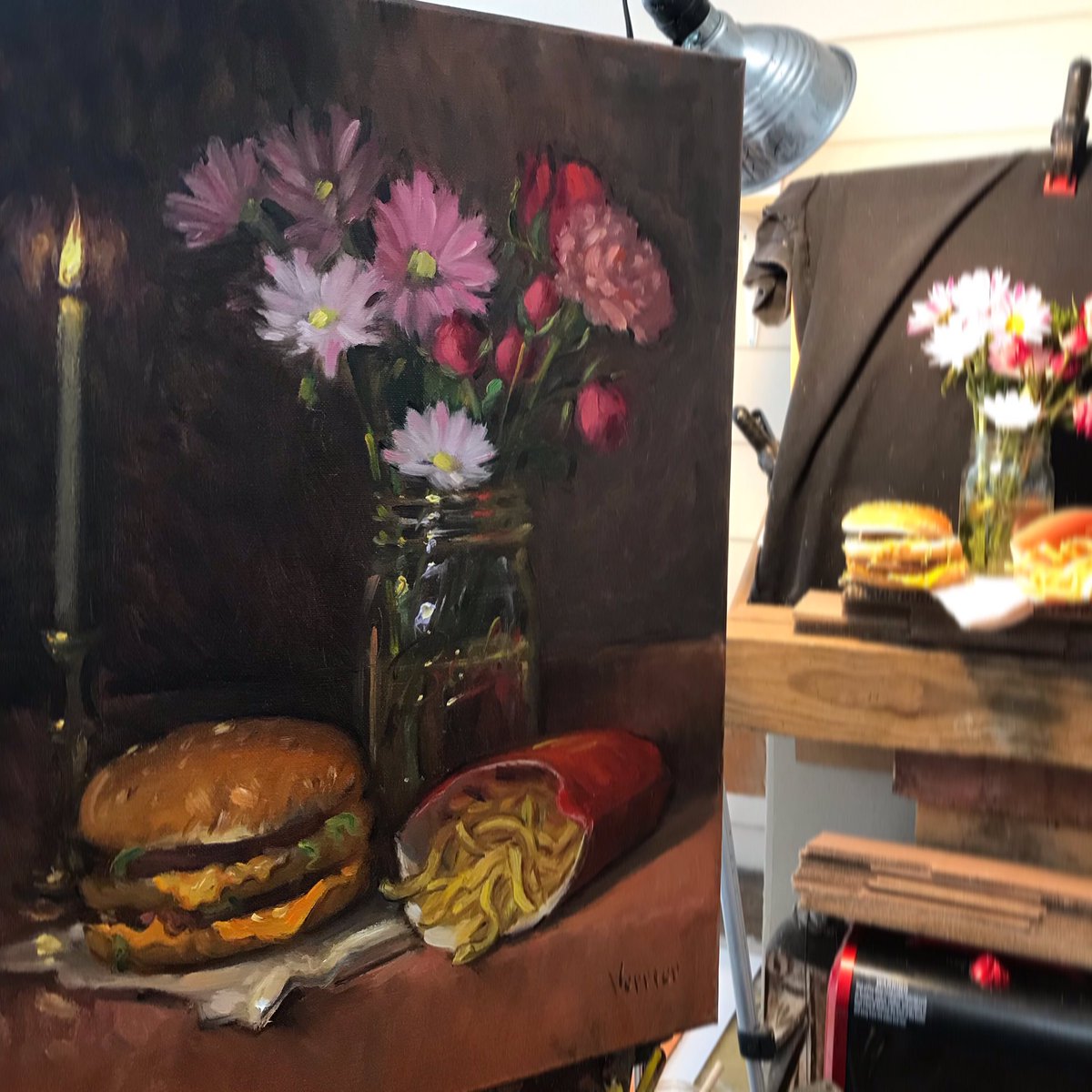 My oil painting of a Big Mac Fries and Bouquet / setup