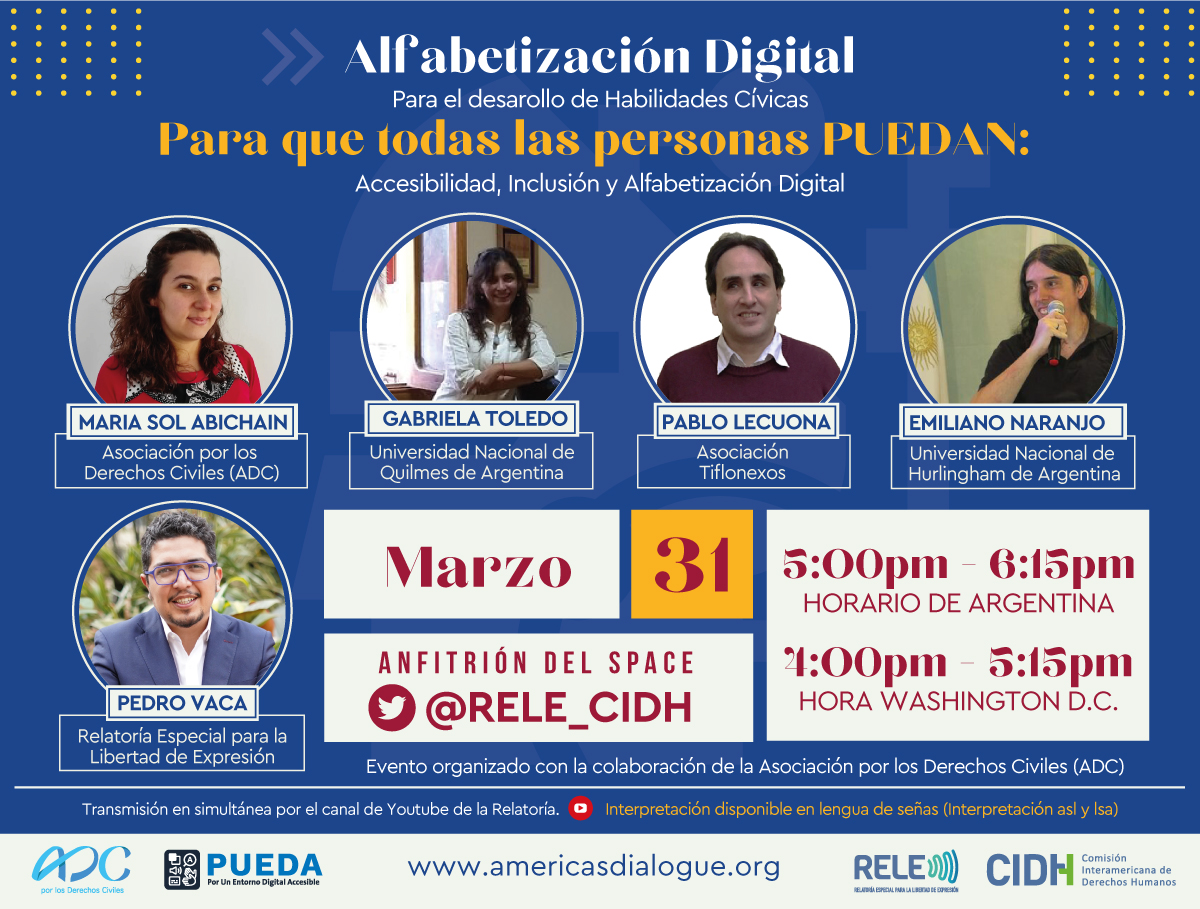📅El 31 de marzo, a los 17 h (ARG), la <a href="/RELE_CIDH/">Relatoría Especial p/la Libertad Expresión (CIDH)</a> y la ADC realizarán el encuentro “Para que todas las personas PUEDAN: Accesibilidad, Inclusión y Alfabetización Digital”. El evento se transmitirá a través de la cuenta de YouTube y de Twitter de la RELE👉 bit.ly/evento31-03