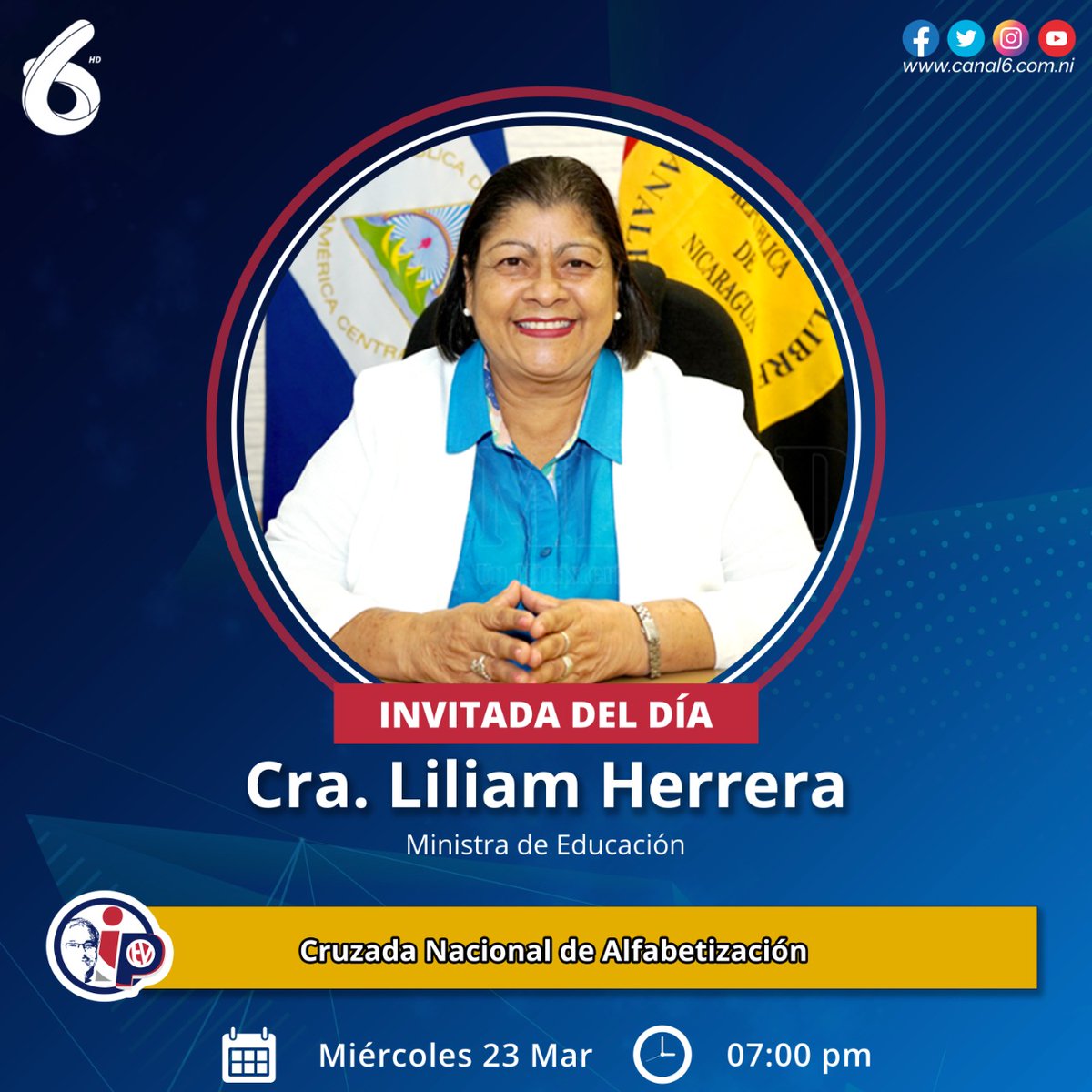 Canal6Nicaragua's tweet photo. En nuestro programa #InformePastranTv, nos estara acompañando la Ministra de Educación, Liliam Herrera, para hablar un poco sobre el 42 aniversario de la Gran Cruzada Nacional de Alfabetización.
#42LucesyVictorias https://t.co/vpk8lP82uk