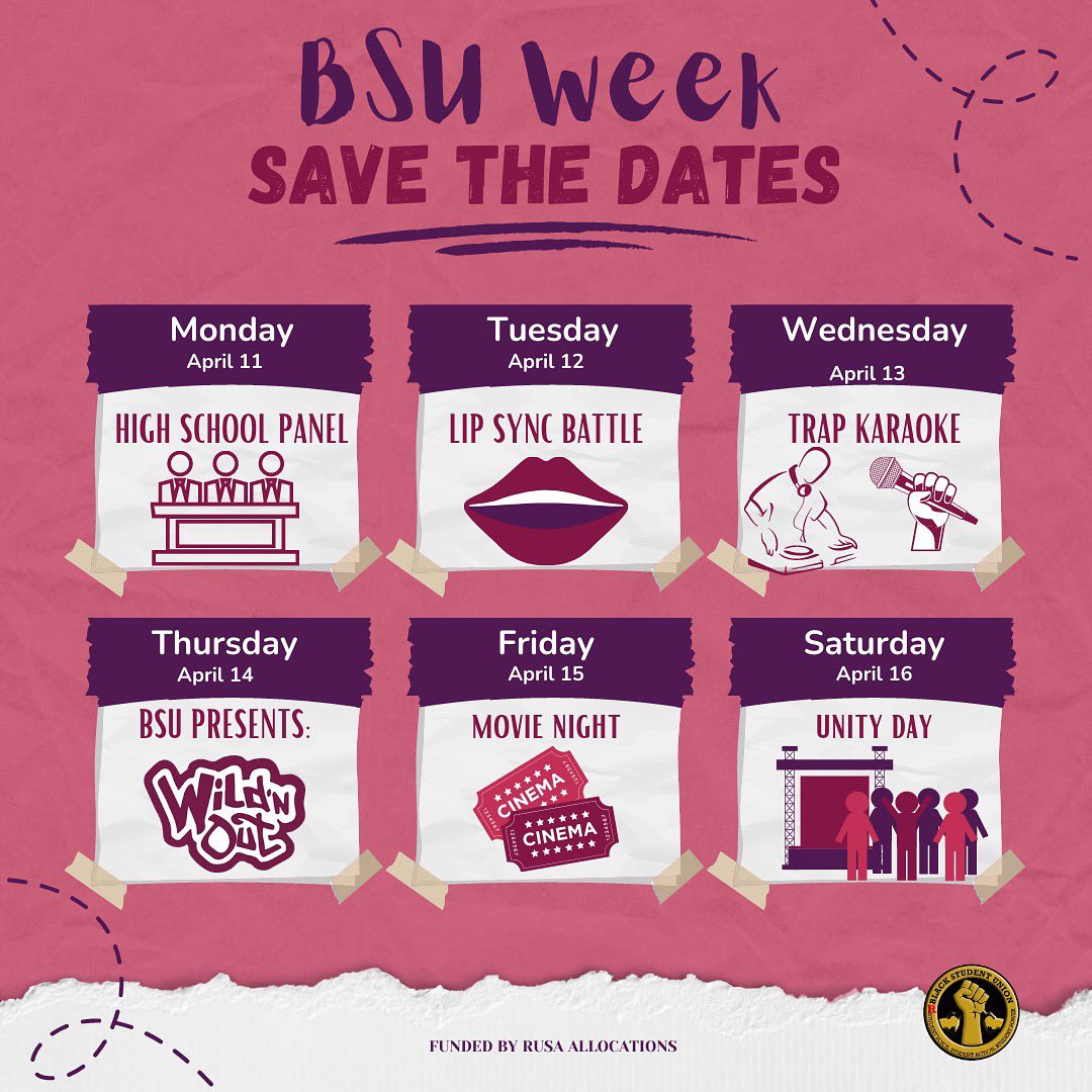 rubsu's tweet photo. SAVE THE DATE! BSU Week is only 18 days away 🕺🏽 we’ve got y’all with fun and exciting programs allll week! We guarantee that you don’t want to miss it 😉 https://t.co/T2VZQmvYL8