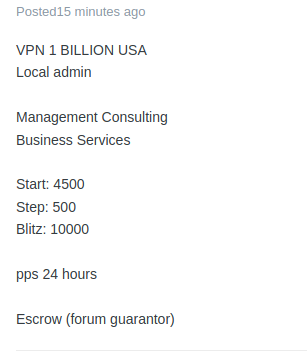 A threat actor is selling access to a $1 Billion dollar company in the USA. The company does work in Management Consulting and Business Service. Based on the zoominfo description , the company could be @NLBSInc OR <a href="/AFRY_MC/">AFRY Management Consulting</a>