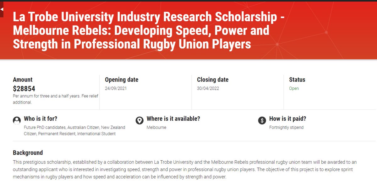 Lachlan James, PhD (@doclachjames) on Twitter photo 🚨PhD Scholarship Alert🚨
🏉Embedded in pro rugby <a href="/latrobe/">La Trobe University</a> <a href="/MelbourneRebels/">Melbourne Rebels</a>
📈Strength, power, speed
👩🎓~30k/pa stipend
🌏Open to international applicants
Teaming with <a href="/mattdriller/">Matt Driller</a> <a href="/MatthewCVarley/">Matthew Varley</a>, me & the <a href="/MelbourneRebels/">Melbourne Rebels</a> crew.
➡️bit.ly/354LfYi 🚨PhD Scholarship Alert🚨
🏉Embedded in pro rugby <a href="/latrobe/">La Trobe University</a> <a href="/MelbourneRebels/">Melbourne Rebels</a>
📈Strength, power, speed
👩🎓~30k/pa stipend
🌏Open to international applicants
Teaming with <a href="/mattdriller/">Matt Driller</a> <a href="/MatthewCVarley/">Matthew Varley</a>, me & the <a href="/MelbourneRebels/">Melbourne Rebels</a> crew.
➡️bit.ly/354LfYi