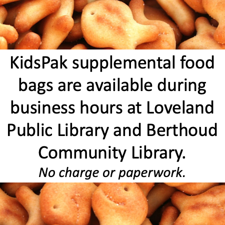 KidsPakCO's tweet photo. KidsPak supplemental food bags are available during business hours at Loveland Public Library and Berthoud Community Library. No charge or paperwork. #FeedingTheFuture https://t.co/Hfn69V2VcI