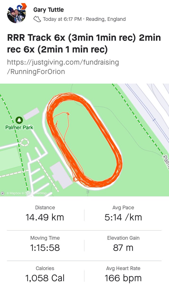 Can't wait for the lighter evenings <a href="/ReadRoadrunners/">Reading Roadrunners</a>. Great to catch up with friends at track for a good session and to clear my head.
6x (3min w 1min rec) 2min rec then 6x (2min w 1min rec)
#RunningForOrion #UkRunChat #Running