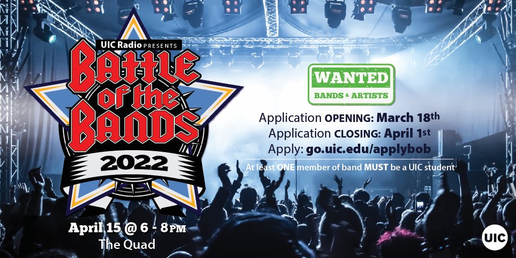 We’re still looking for bands to apply for this year’s Battle of the Bands 🎸🎤 Winner gets to join our DJ Battle winner on the next Spark’s lineup 👀 As of now, it will be held on April 15th so mark your calendars! #uicradio #battleofthebands #thisisuic