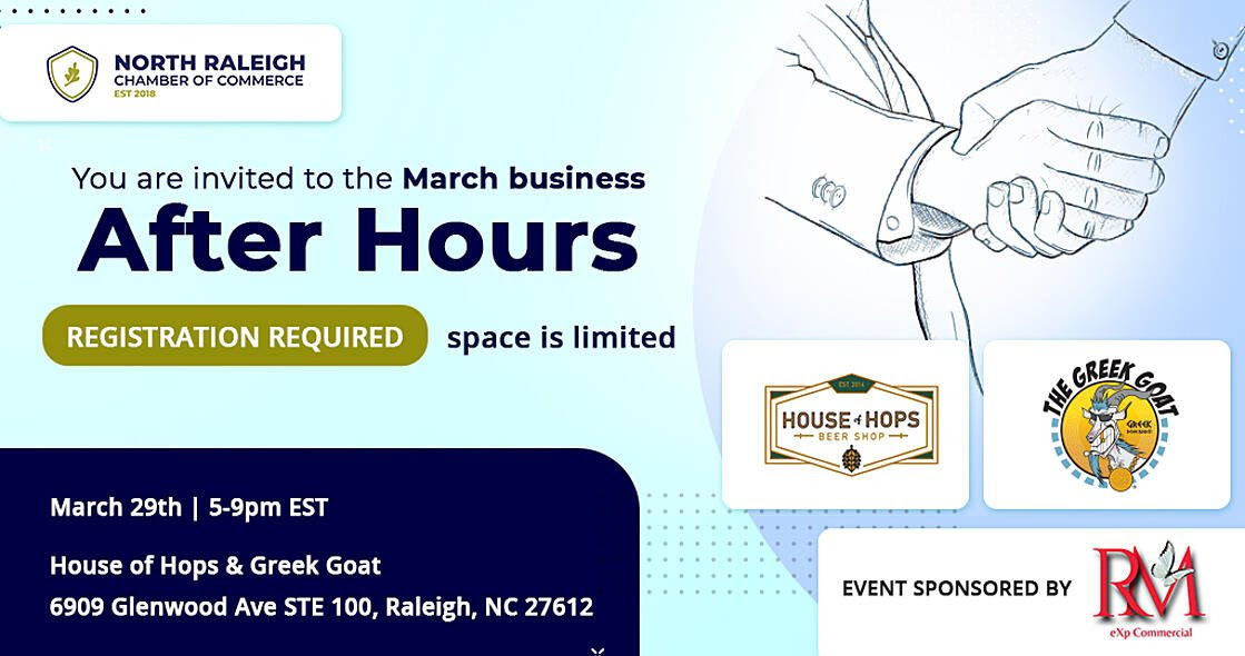 Business After Hours Tuesday, March 29th 5-9 🤝🍻

Come out to House of Hops Glenwood and celebrate the Grand Opening of The Greek Goat Food Truck!! 🎉🤩

Come out #supportlocal and #network with other #business professionals!! 🤝

🎟 Please register here members.northraleighchamber.org/events/details…