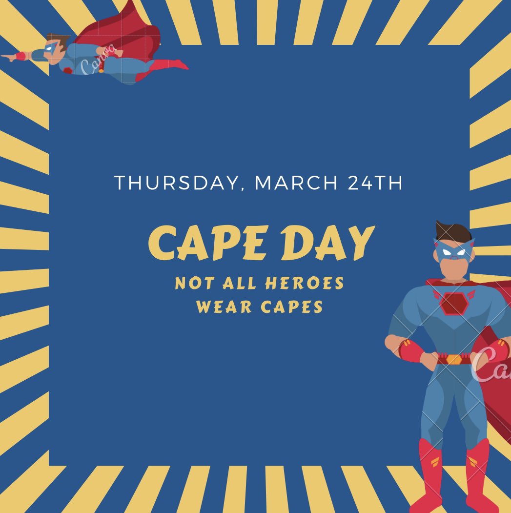 Spirit week day four! Thursday, March 24th is cape day! Not all heroes wear capes! 🎗
#FTK #strongertogether #partnersinthefight