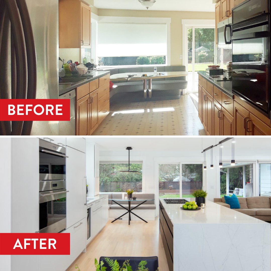 A walled-in galley kitchen transforms into a glorious open kitchen in this Seattle-area project, which includes a large island, eating nook, fireplace and more. neilkelly.com/blog/northeast… 

#remodeling #kitchendesign #pnwhomes