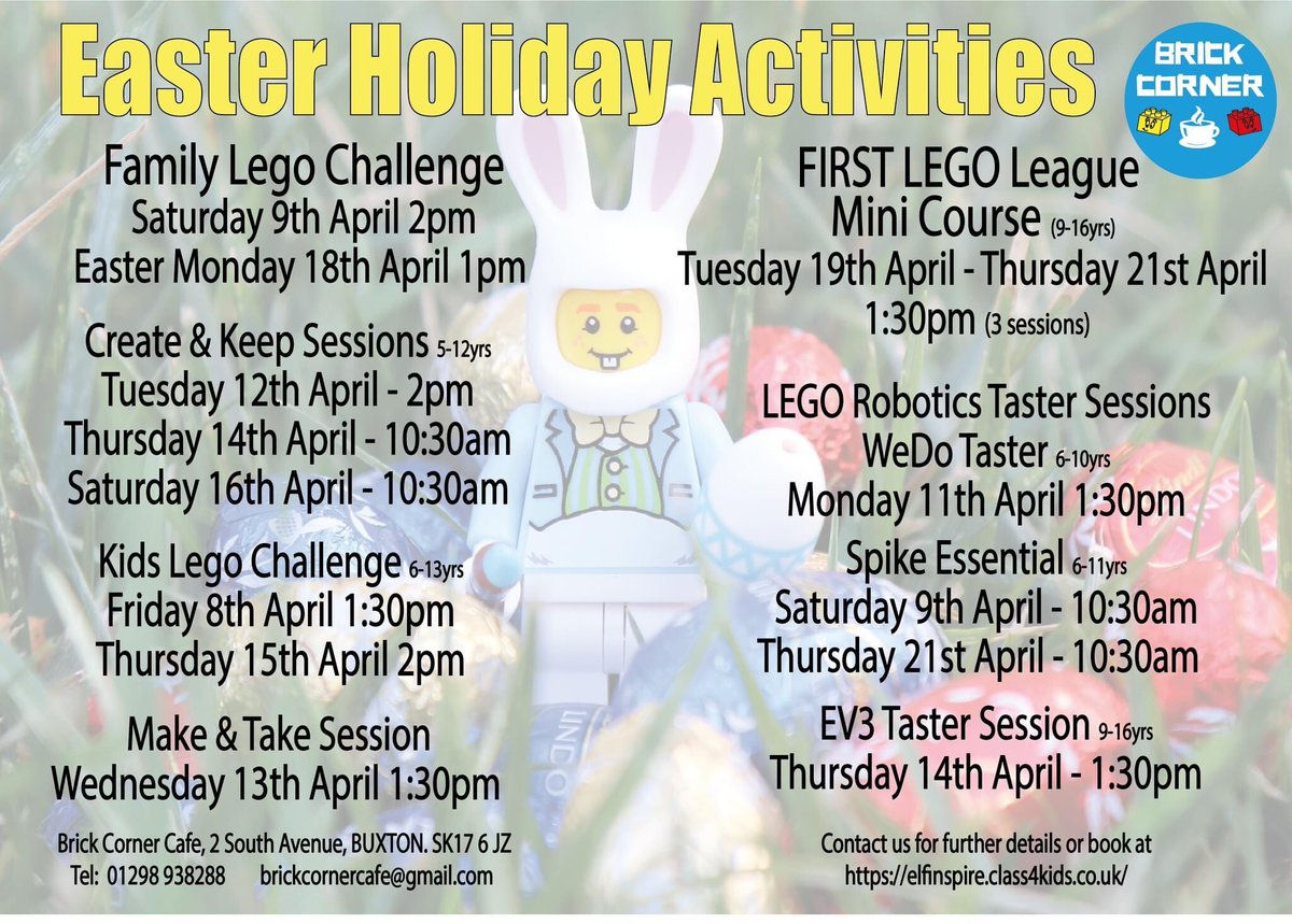 brickcornercafe (@brickcornercafe) on Twitter photo Here is our Programme of activities for the Easter Holidays. Book now at elfinspire.class4kids.co.uk . <a href="/brickcornercafe/">brickcornercafe</a> <a href="/explorebuxton/">Explore Buxton</a> <a href="/VisitBuxton/">Visit Buxton</a> #peakdistrict #buxtoncafe #buxton #activitiesforkids #whattodoinbuxton #legoactivities #rainydayactivites Here is our Programme of activities for the Easter Holidays. Book now at elfinspire.class4kids.co.uk . <a href="/brickcornercafe/">brickcornercafe</a> <a href="/explorebuxton/">Explore Buxton</a> <a href="/VisitBuxton/">Visit Buxton</a> #peakdistrict #buxtoncafe #buxton #activitiesforkids #whattodoinbuxton #legoactivities #rainydayactivites