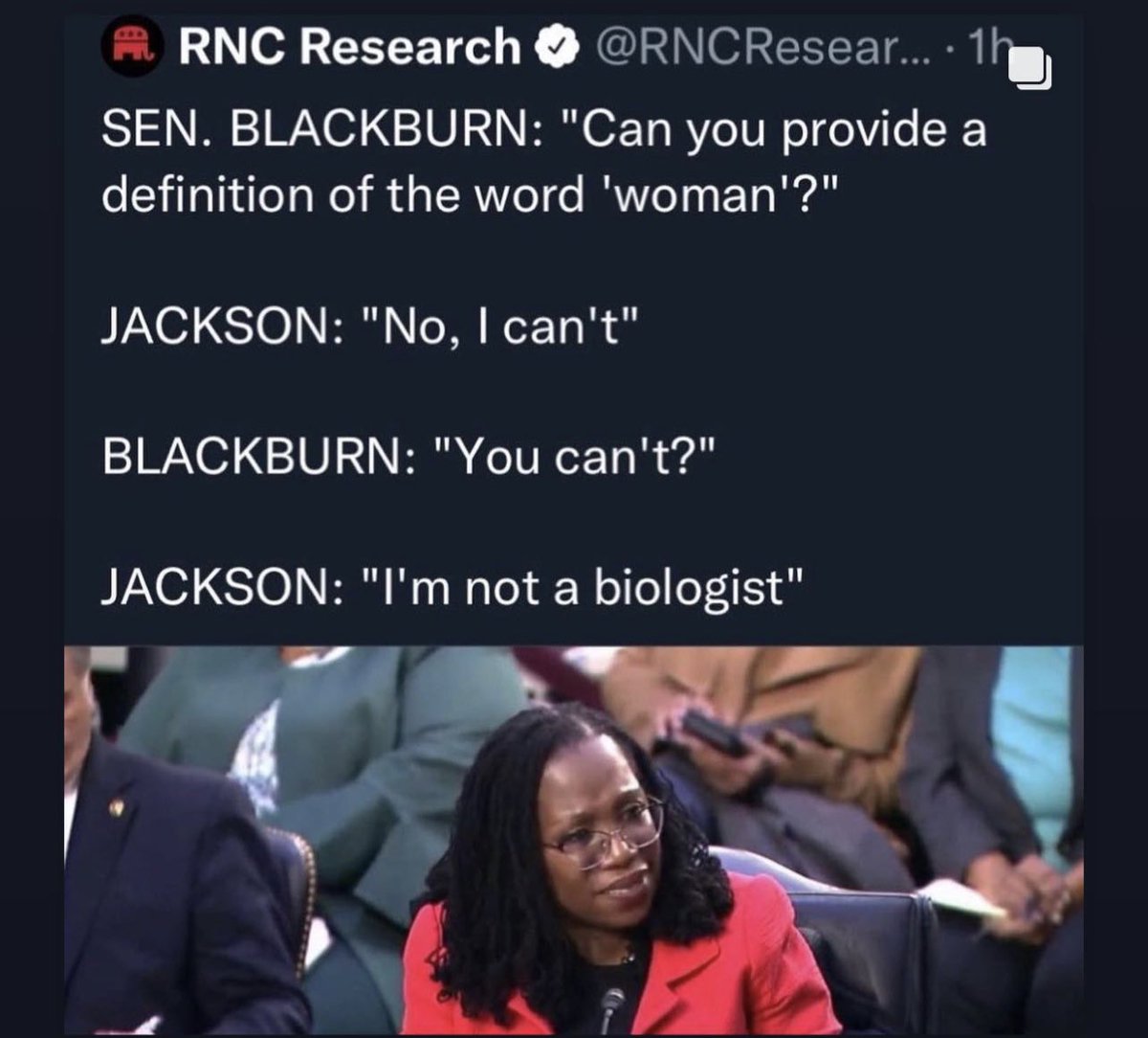 I may not be a veterinarian but
I can tell you what a dog is 🦮

Scary to think she could be on the highest court in the world defining law for us for the next 30 years when she can’t even answer this basic question