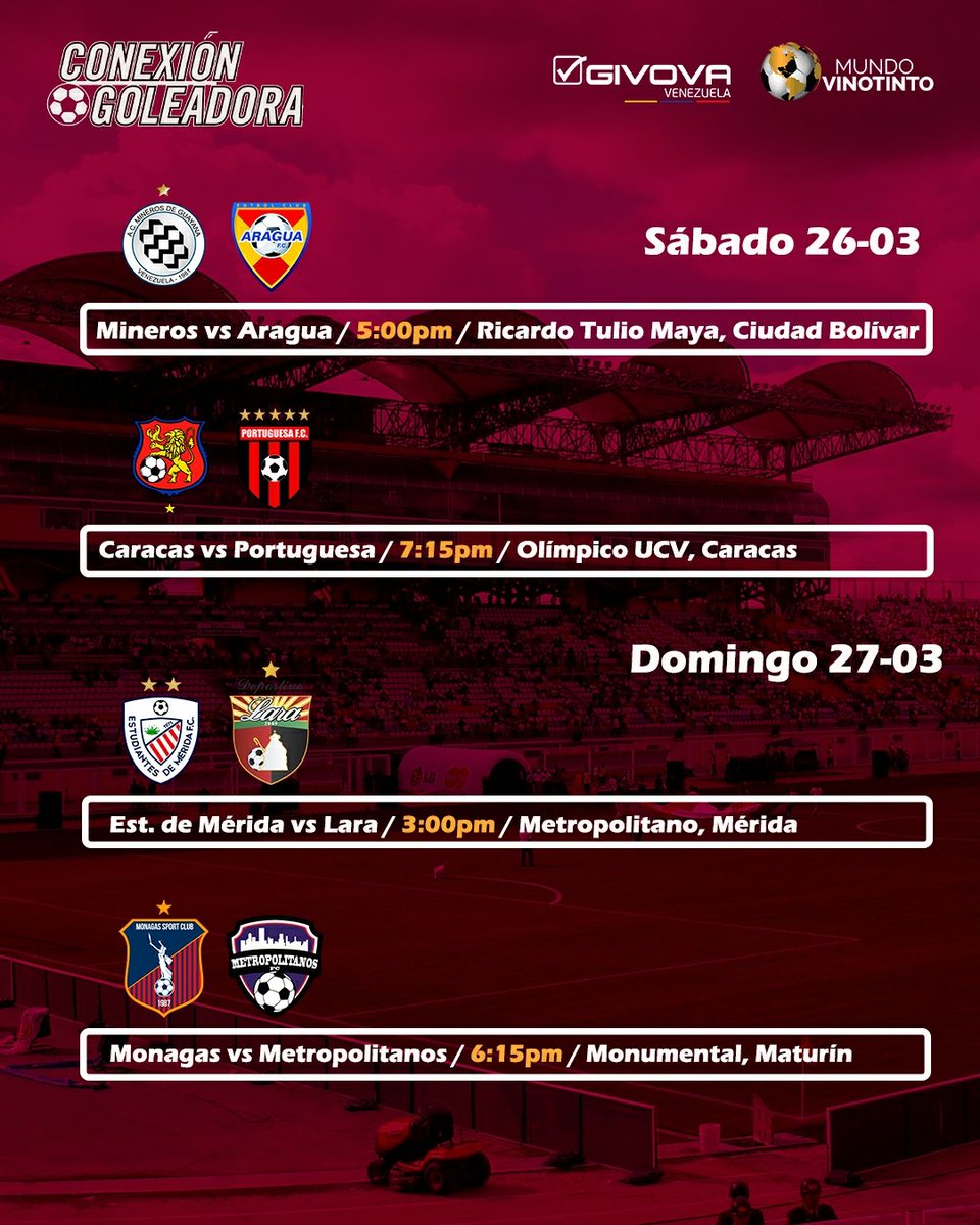 conexgoleadora's tweet photo. ¡LA PREVIA DE LA @LigaFUTVE ! 🙌🇻🇪

Como es costumbre, por acá te dejamos los horarios y partidos de la fecha 5️⃣ del fútbol venezolano. 🤩⚽

💬 Déjanos tus pronósticos 👀👇

📬La jornada de la #LigaFUTVE es cortesía de Givova Venezuela y @Mundo_Vinotint0 https://t.co/E15zBSgnFl