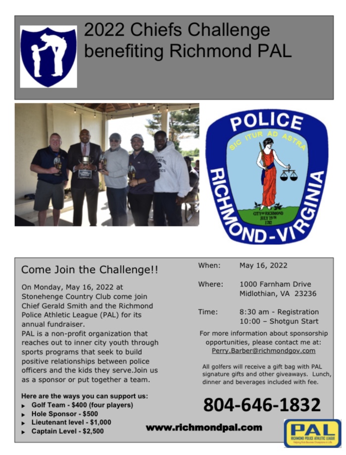 RichmondPAL's tweet photo. Located at Stonehenge Country Club on May 16th, our annual fundraiser allows you support PAL while golfing with fellow Richmond Police Officers, friends, and family! Either form a golf team or sponsor a hole! Lunch, dinner, beverages, and more are included in your registration. https://t.co/AK6bqGavMb