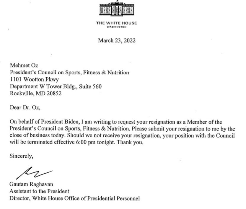 Ron Filipkowski (@ronfilipkowski) on Twitter photo Mehmet Oz has just been fired from the President’s Council on Sports, Fitness and Nutrition. Mehmet Oz has just been fired from the President’s Council on Sports, Fitness and Nutrition.