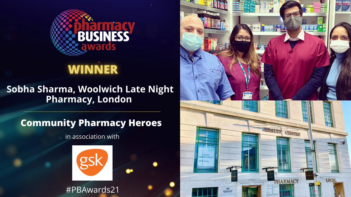 PharmacyBiz's tweet photo. #pbawards21 The Pharmacy Business Community Pharmacy Heroes Award in association with GSK goes to Sobha Sharma from Woolwich Late Night Pharmacy. David Healey, Pharmacy Controller, GSK presents the award. @Sobha_sharma #pbawards21 @GSK https://t.co/FfMZJJjdUU