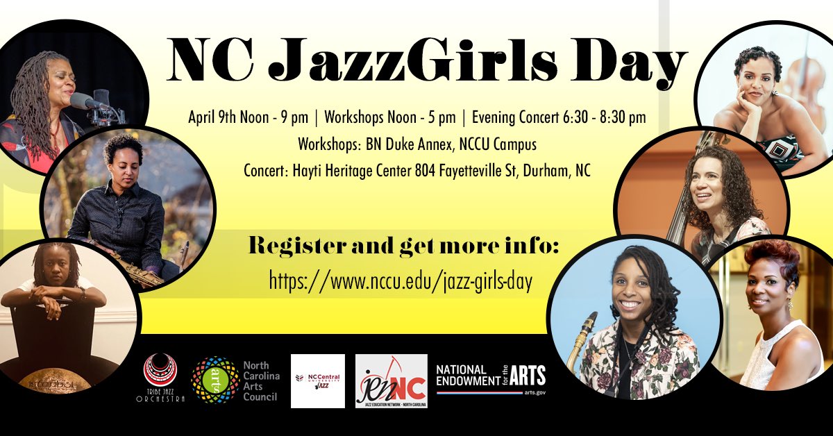 nccu.edu/events/nc-jazz…   Time to register and join North Carolina based jazzwomen and jazzgirls for a full day of fun and music making. All activities are free for participating instrumentalists and singers!!