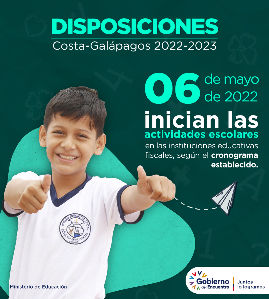 Educacion_Ec's tweet photo. Conoce más sobre el inicio de las actividades escolares en el régimen #CostaGalápagos, año lectivo 2022-2023, que se realizará de manera escalonada. 
 
¡#VolvamosAlCole con ilusión y alegría! https://t.co/U2AtoZtOa9