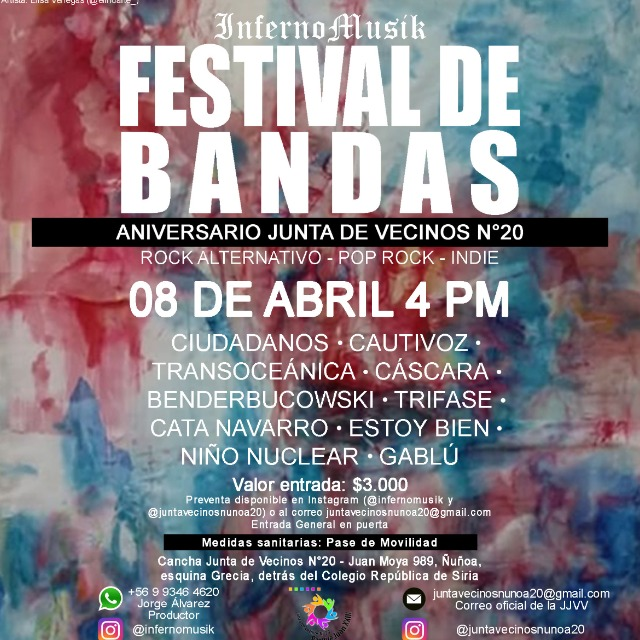 Ninonuclear's tweet photo. este 5 de abril vamos a tocar con este monton de bandas hermosas de Santiago , Si estan en chile y estan viviendo por la comuna de Santiago pueden pasar por aca =) 
#IndieRock #SantiagoChile
#FestivalMusica https://t.co/oEVxL67XuM