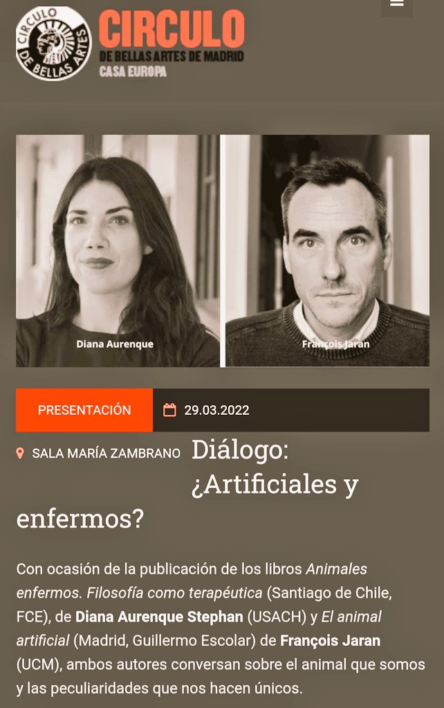 FCEChile's tweet photo. ¿Artificiales y enfermos? 
Este 29 de marzo desde el @cbamadrid la autora de Animales enfermos @DAurenque en diálogo con François Jaran autor de El animal artificial.

#animalesenfermos #filosofía #librosfce 

https://t.co/vhFjLKD15O https://t.co/DycHHafJ8z