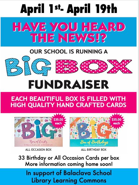 We are excited to share this upcoming opportunity to support our Library Learning Commons. All proceeds will be used in update print materials.