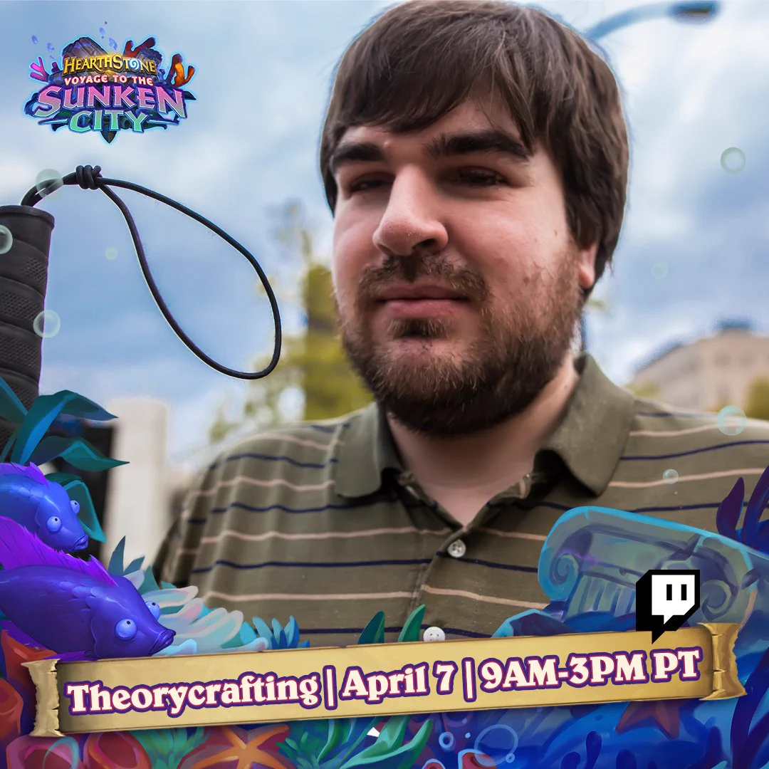 A headshot of Brandon over an undersea background featuring tropical fish, lots of bubbles, and a single broken pillar. Text reads "Voyage to the Sunken City," and "Theory Crafting, Thursday, April 7 2022, 9 AM PDT to 3 PM PDT." This is followed by the Twitch logo.