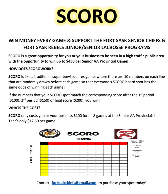 FtChiefsHockey's tweet photo. Want to support local sports in Fort Saskatchewan? Here’s your opportunity to help out and have a chance at cash with our provincial SCORO-board! Proceeds support the @FtChiefsHockey, @FortJrRebelsLax and @FortSaskSrRebs in #FortSask https://t.co/qVd1xBCzh8
