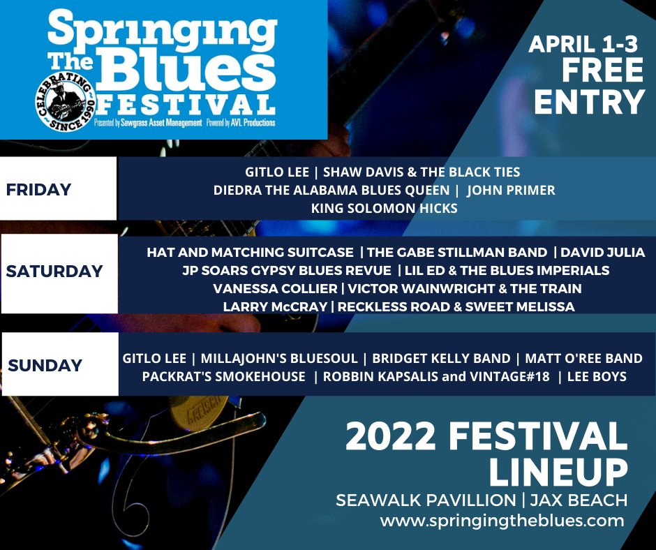 Springing_Blues's tweet image. Springing the Blues is April 1-3! Here is the artist lineup. 
General admission is FREE and limited quantities of VIP Tickets are still available at springingtheblues.com
