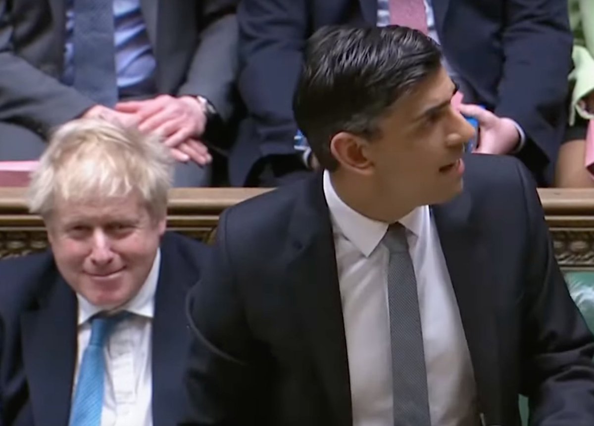 Belalchemy's tweet photo. The reason why @BorisJohnson was chuckling while @RishiSunak began his #minibudget lauding the people of #Ukraine is because the Russian invasion saved his job. Obviously. https://t.co/jFhc8JG02R