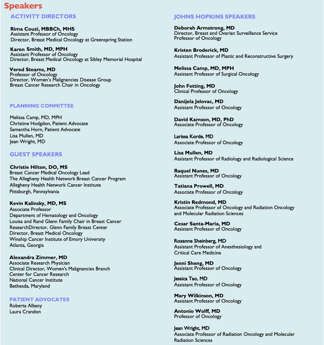 Register for the 11th Biennial Johns Hopkins #BreastCancer Conference April 29, 2022 with a fabulous lineup of speakers &amp; <a href="/GRASPtweets/">GRASP</a> alumni. Especially eager to hear from the experts on #brainmets!

Check out program below &amp; register here: hopkinscme.cloud-cme.com/course/courseo…

#bcsm