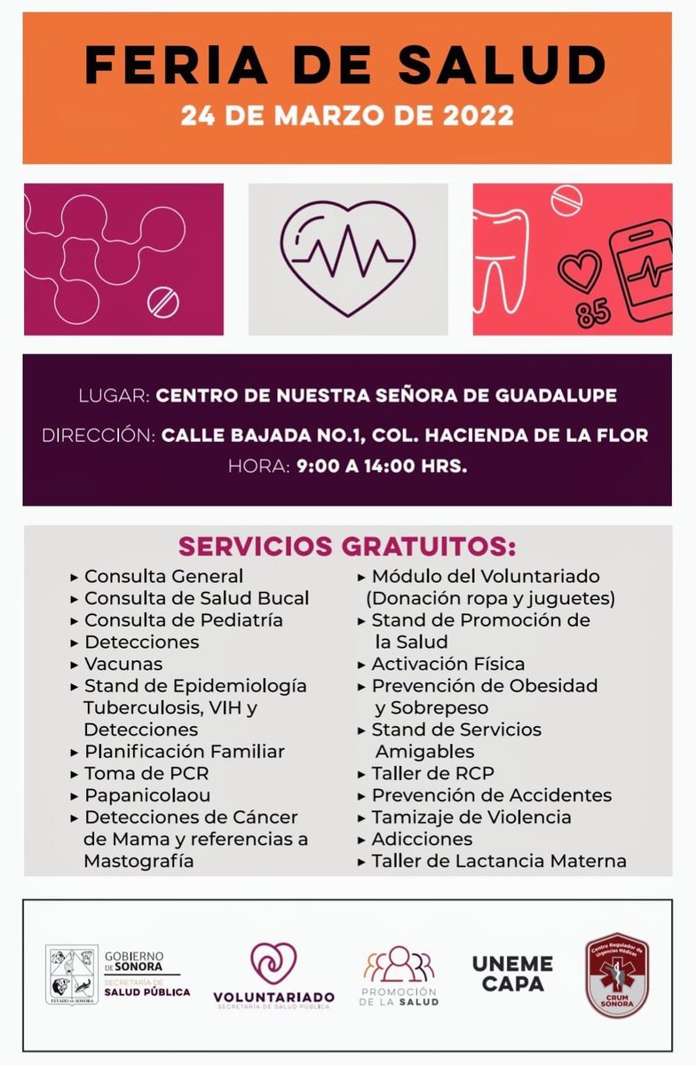 ssaludsonora's tweet photo. 🟠 ATENCIÓN 🟠
¡Te invitamos el día de MAÑANA a nuestra Feria de la salud! #Hermosillo

☑️ Estaremos acercando los siguientes servicios de salud en la Colonia Hacienda de la Flor. 
¡Acercate a nosotros! 

#SaludSonora

🕣 9:00 Hrs - 14:00 Hrs https://t.co/dFSqaaJEAN